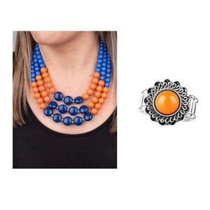 New-Fun Blue and Orange Beaded Necklace & Orange Ring Set, Paparazzi Accessories